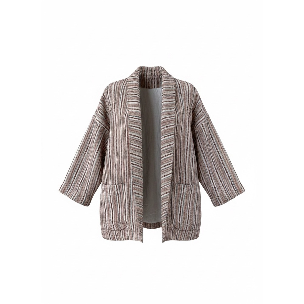 HINDIBAZAAR Striped Cotton‎ Open Front textered Jacket Tie Waist Boho Earthy OS